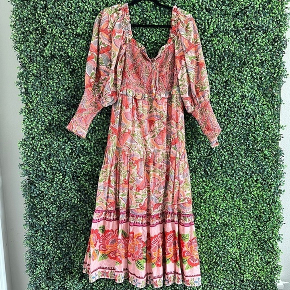 NWT Smocked Top Midi Dress In Pink Macaw Flight - Picture 2 of 8